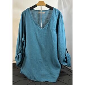 Flax Linen Top 1G Teal Blue V Neck Relaxed Lagenlook Coastal Grandma